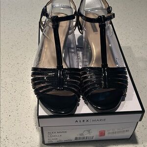 Alex Marie Black Patent T-Strap Strappy Sandals